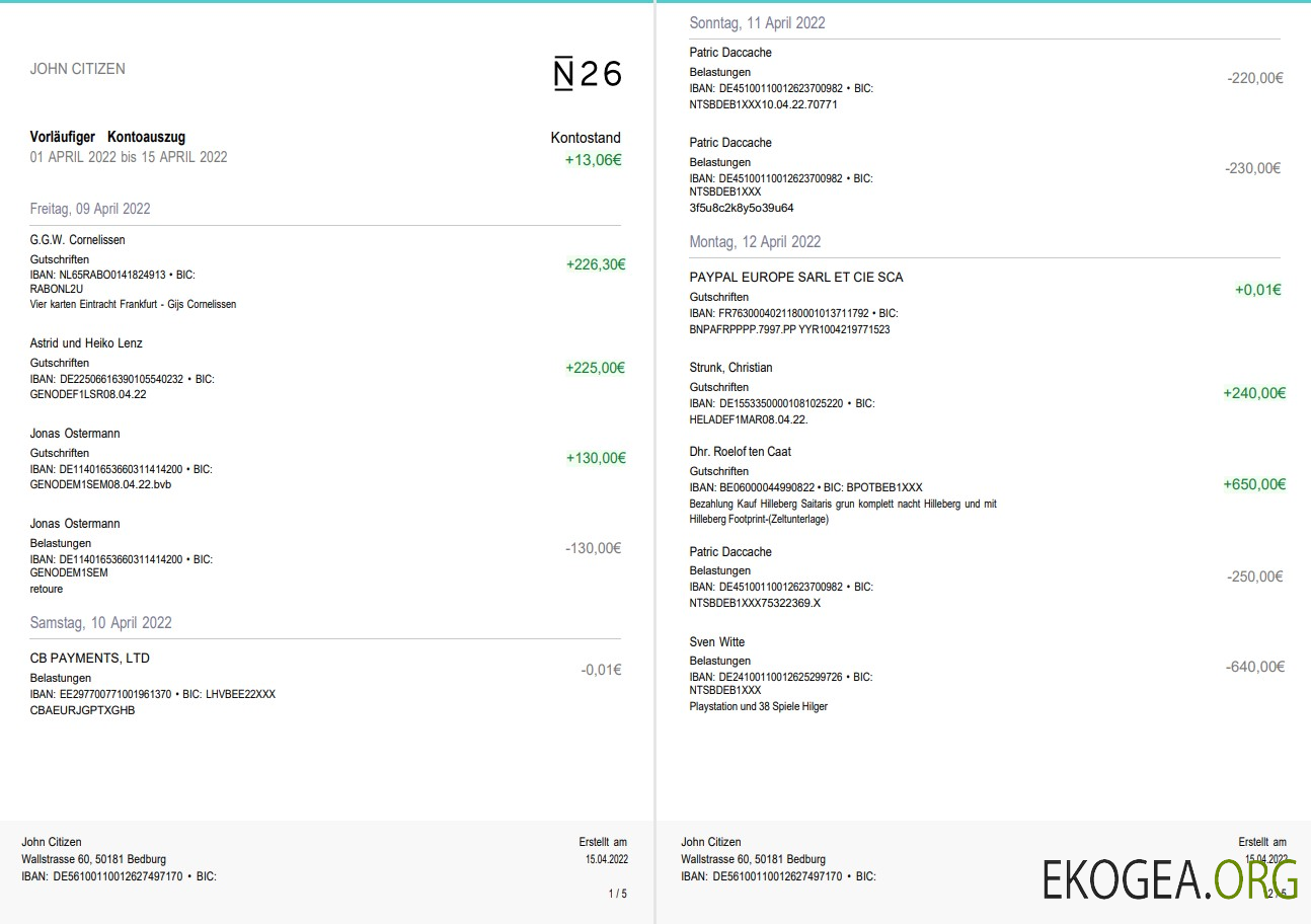 Relevé bancaire Allemagne N26 5 pages